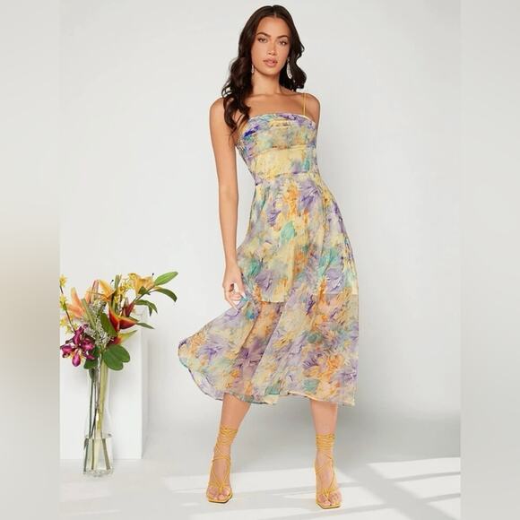 SHEIN NWT Size 6 (Medium) Floral Print Water Color Sheer Overlay Cami Midi Dress - Picture 1 of 6